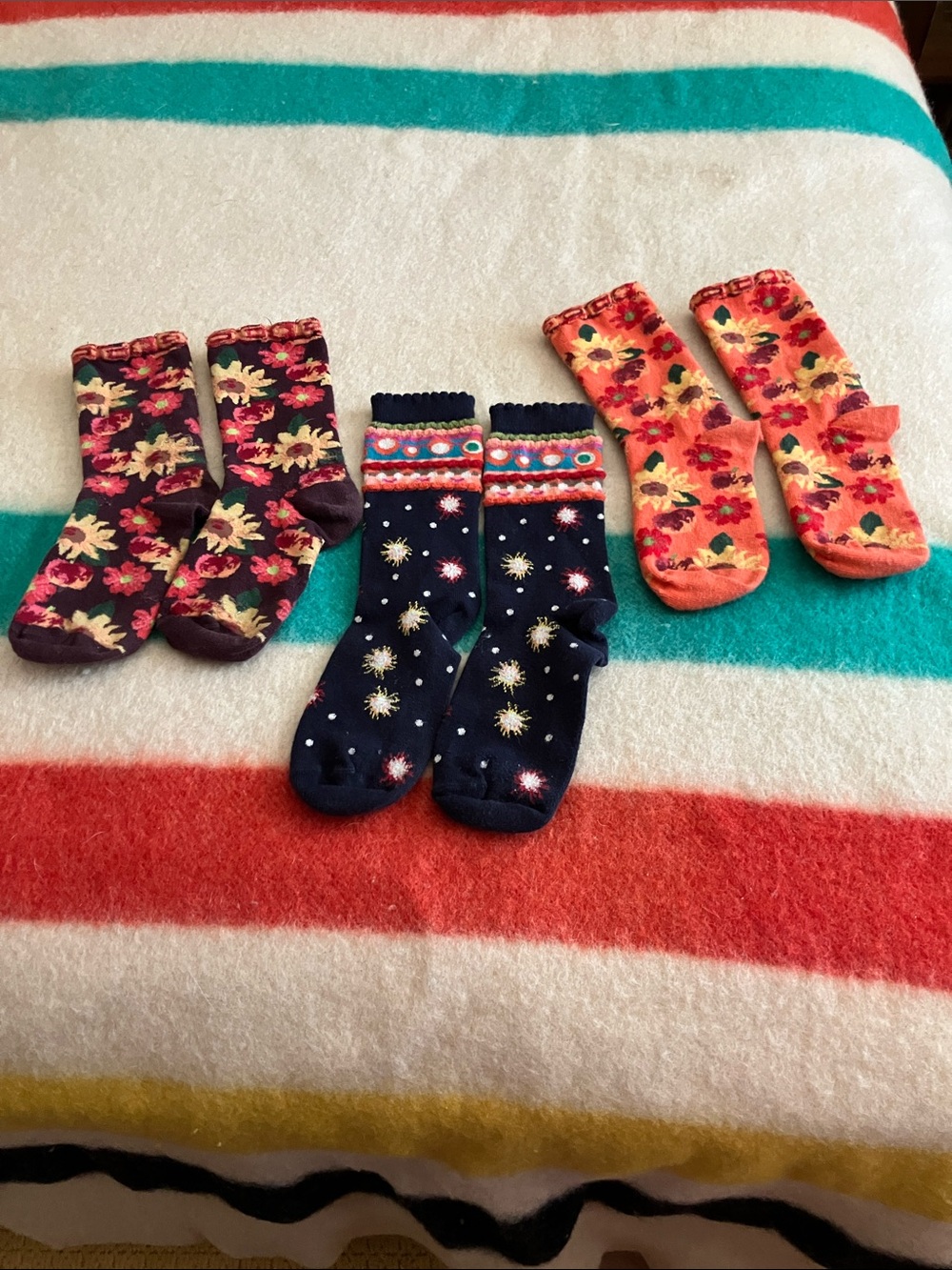 Girls' Floral & Star Print Crew Socks - Navy, Purple, Orange